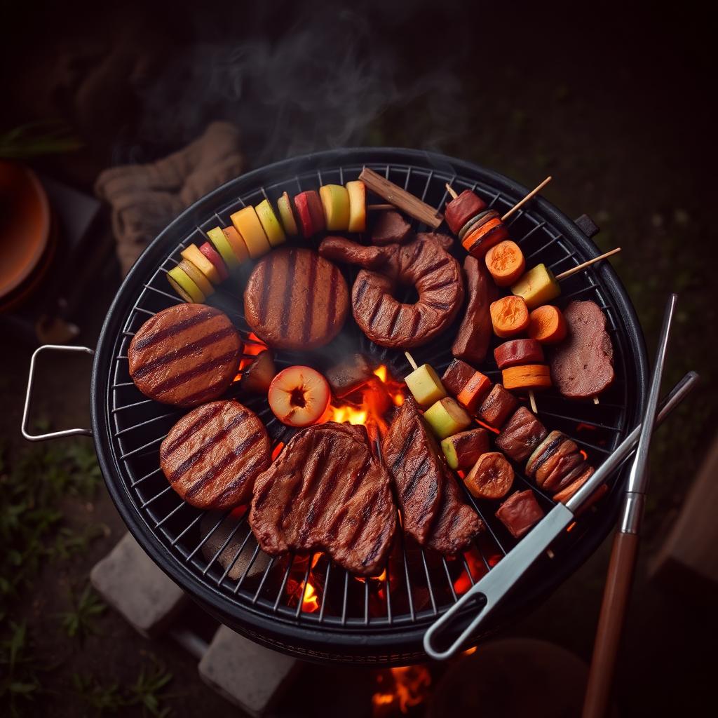 Grill with burgers, steaks, and vegetable skewers